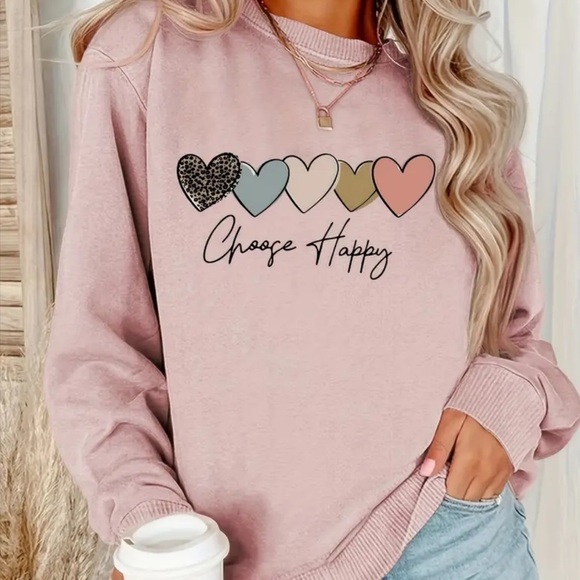 Women’s Pink 'Choose Happy' Heart Crewneck Sweatshirt - Size XL - NWOT - Picture 1 of 5